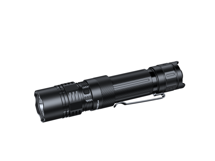 Black Fenix PD36R ACE flashlight on a black background