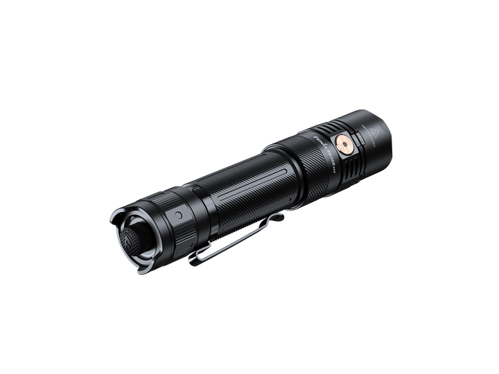 Black Fenix PD36R ACE flashlight on a black background