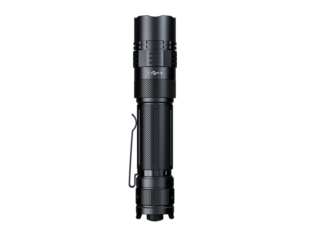 Black Fenix PD36R ACE flashlight on a transparent background