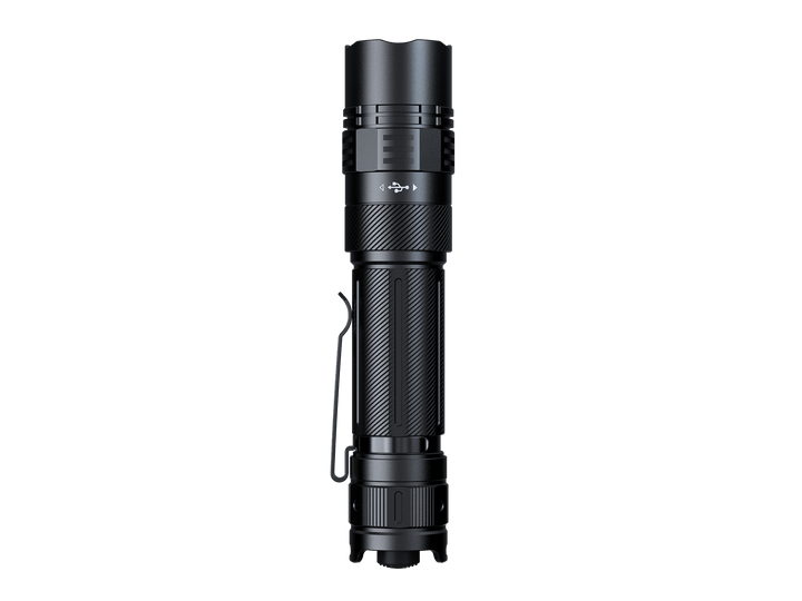 Black Fenix PD36R ACE flashlight on a transparent background