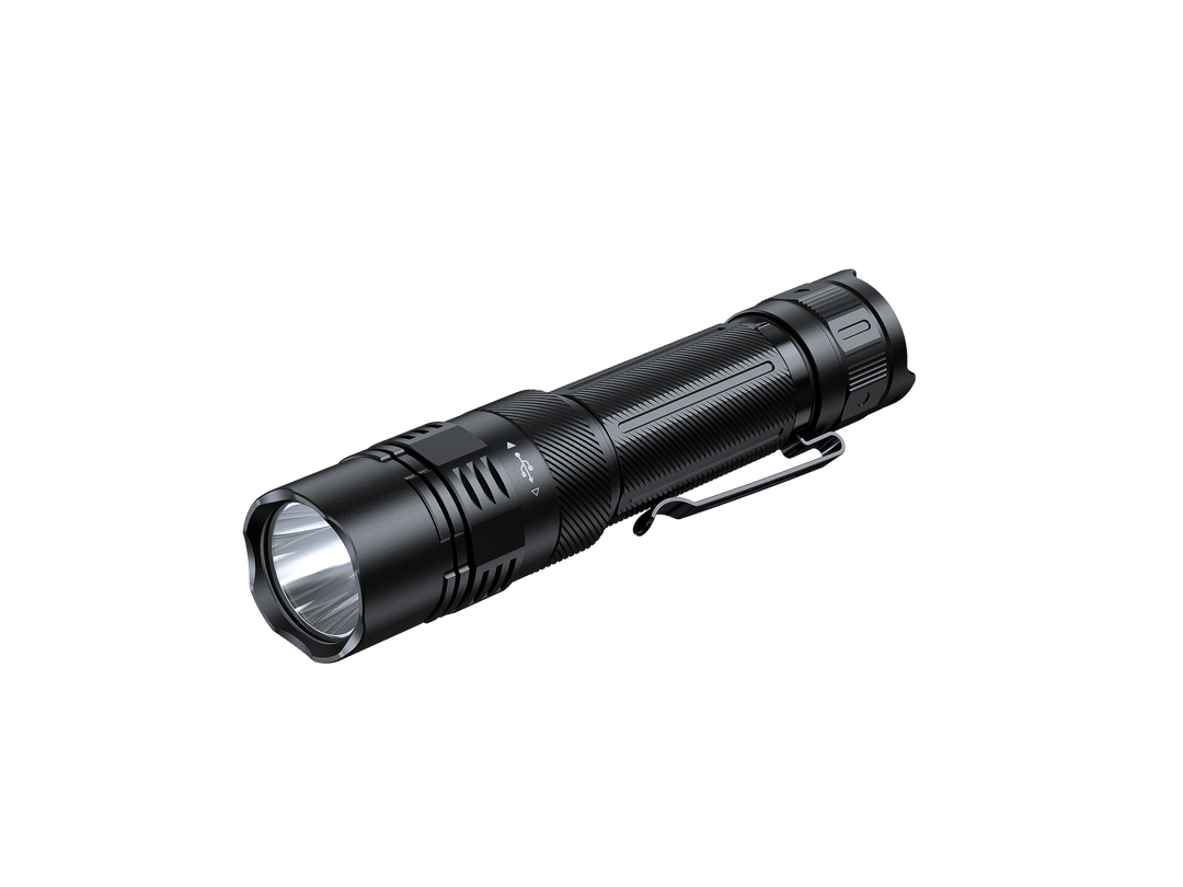 Black Fenix PD36R ACE flashlight on a black background