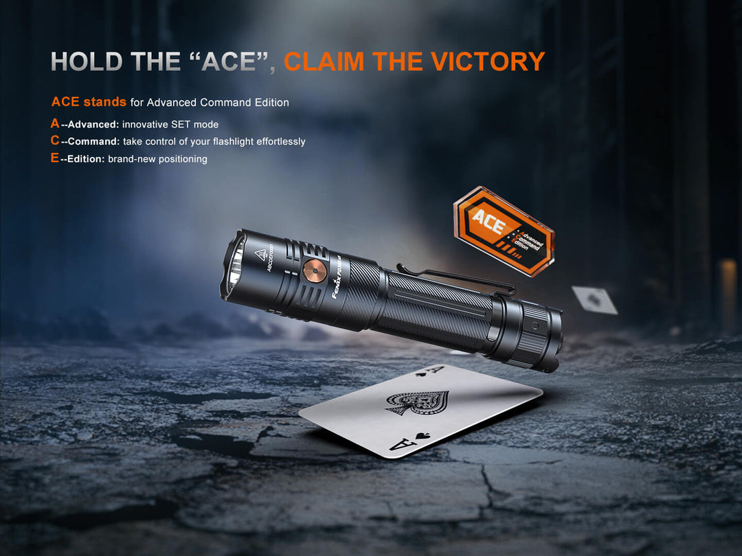 Fenix PD36R ACE flashlight with Ace logo on a dark background, featuring text about the 'Advanced Command Edition'.