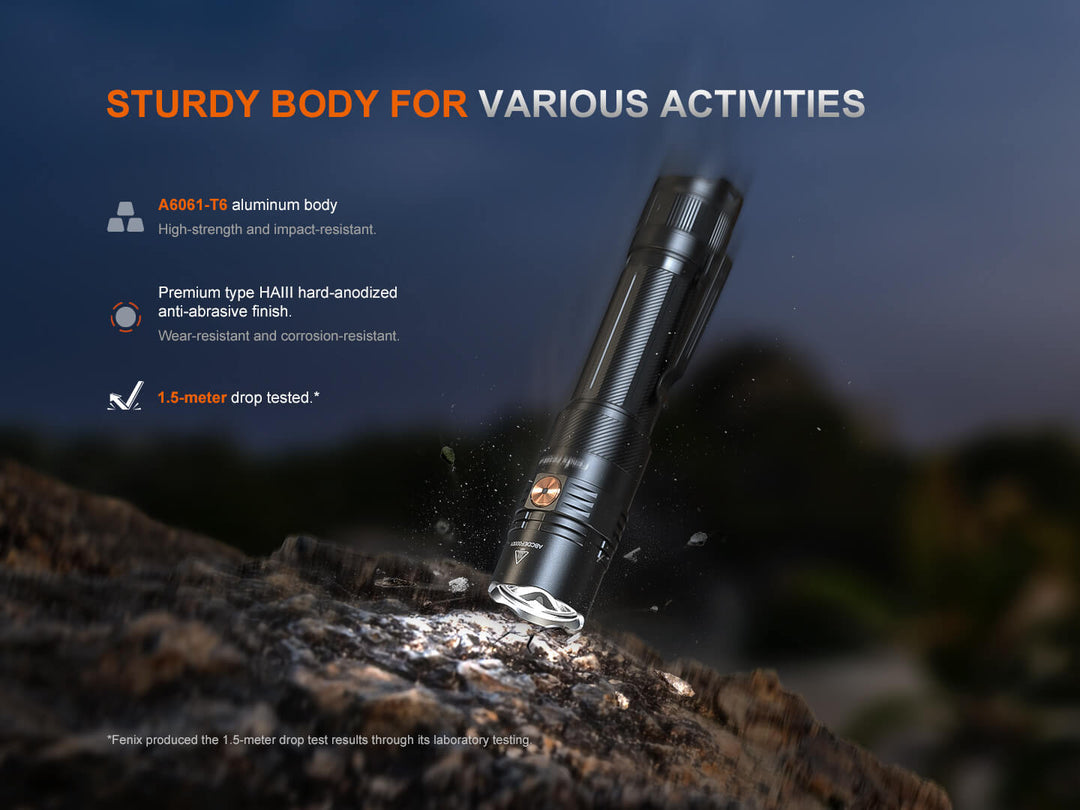 Fenix PD36R ACE flashlight dropped on a rock against a dark background