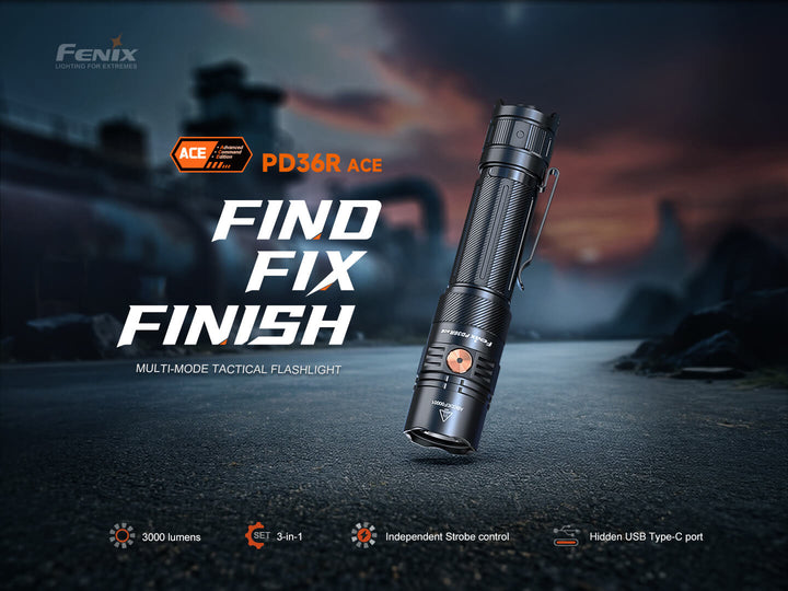 Fenix PD36R ACE tactical flashlight with sunset background