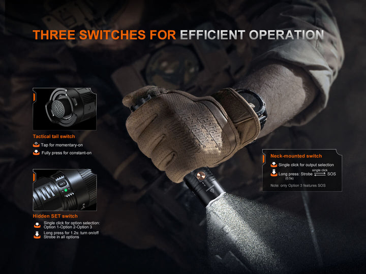 Hand wearing a tactical glove holding a Fenix PD36R ACE flashlight with three switches for efficient operation, on a dark background.