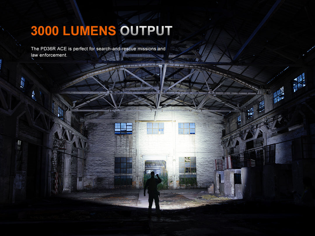Dark warehouse with a person holding a Fenix PD36R ACE flashlight, highlighting '3000 Lumens Output' text.