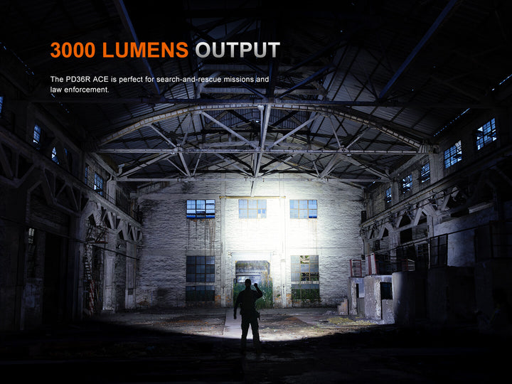 Dark warehouse with a person holding a Fenix PD36R ACE flashlight, highlighting '3000 Lumens Output' text.