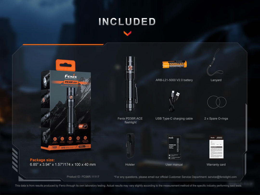 Fenix PD36R ACE flashlight product packaging with included items displayed on a dark background