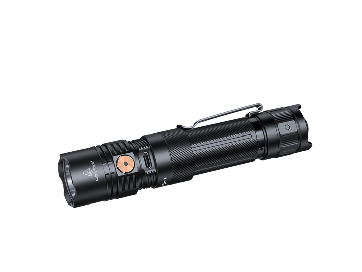 Black Fenix PD36R ACE flashlight on a black background