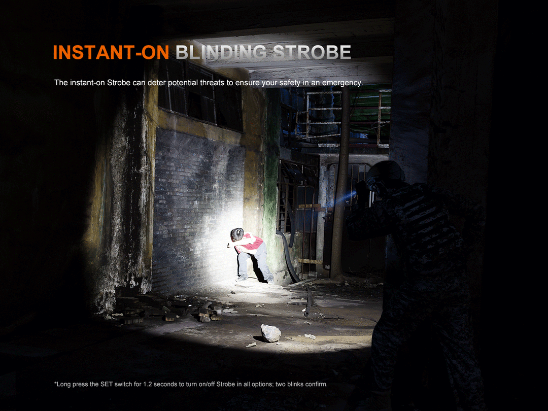 A GIF showing the strobe feature of the Fenix PD36R ACE flashlight 