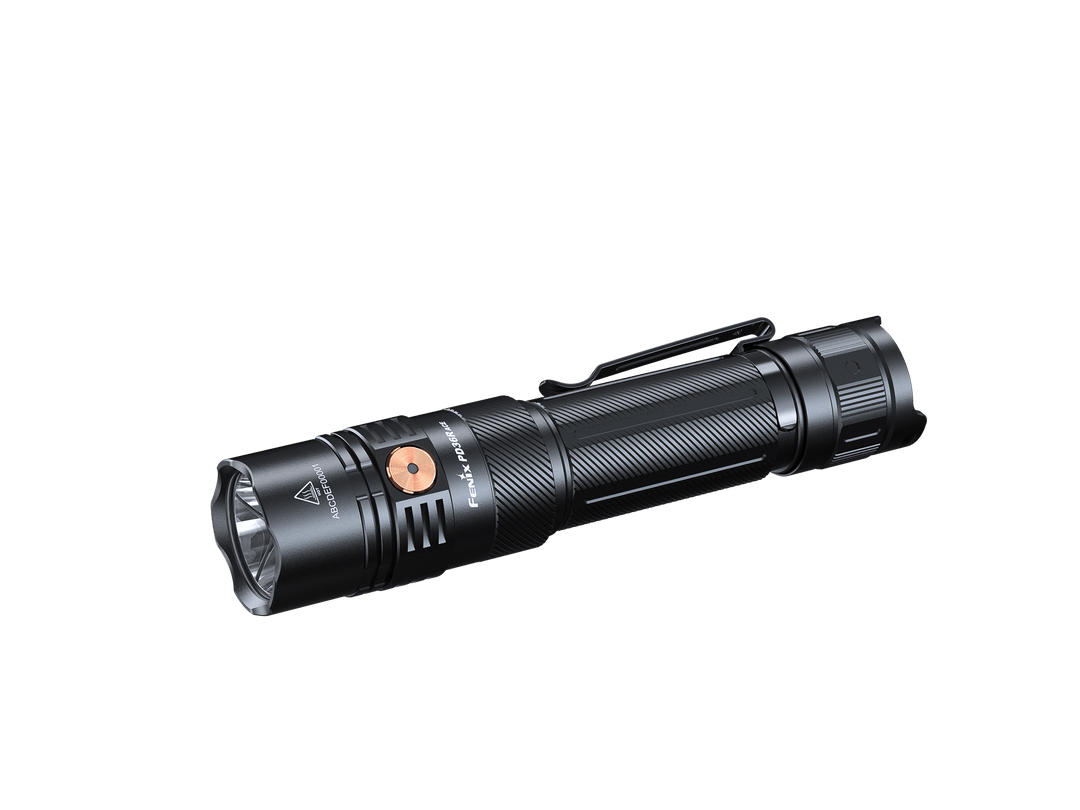 Black Fenix PD36R ACE flashlight on a black background