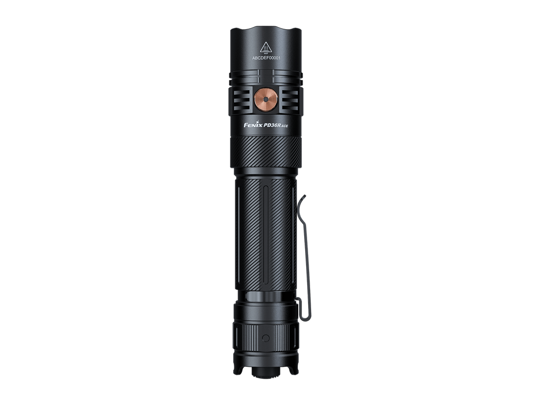 Black Fenix PD36R ACE flashlight with visible branding on a white background