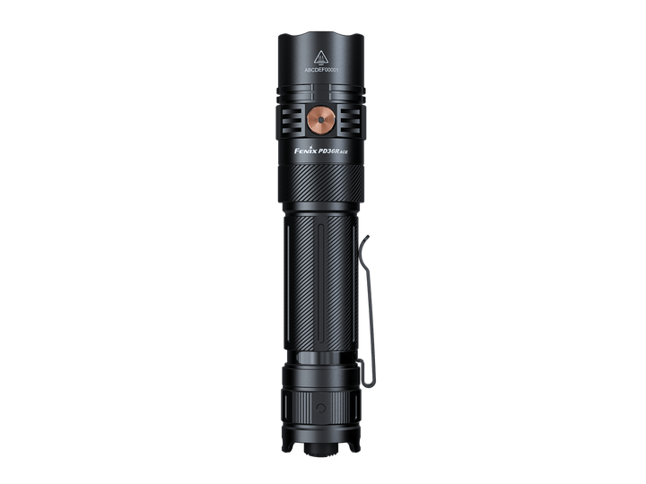 Black Fenix PD36R ACE flashlight with visible branding on a white background