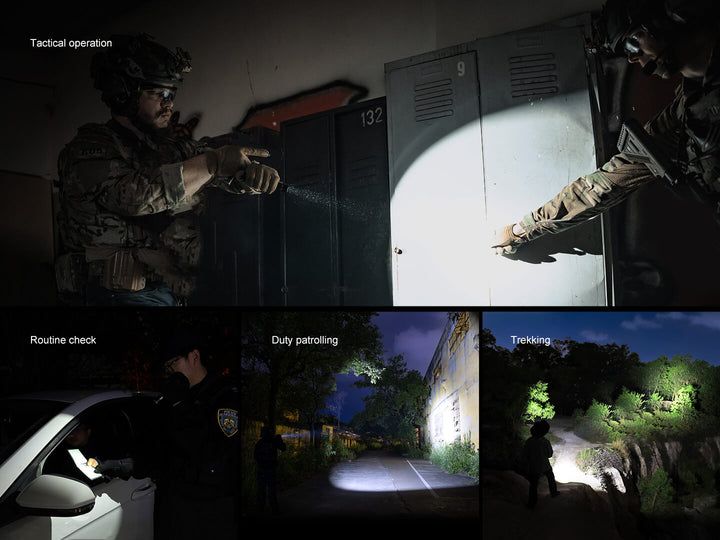 Four scenes showing a person using a Fenix PD36R ACE flashlight in various settings: tactical operation, routine check, duty patrolling, and trekking.