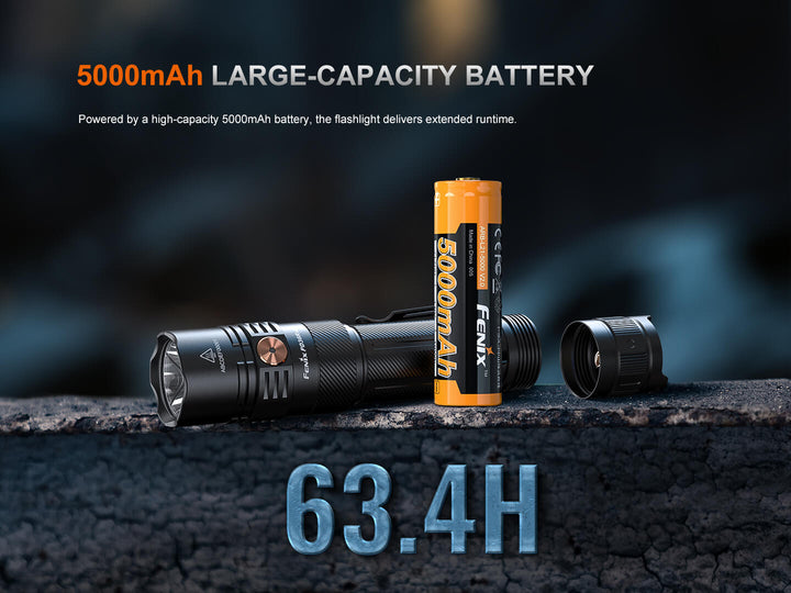 Fenix PD36R ACE flashlight with 5000mAh battery on a dark background