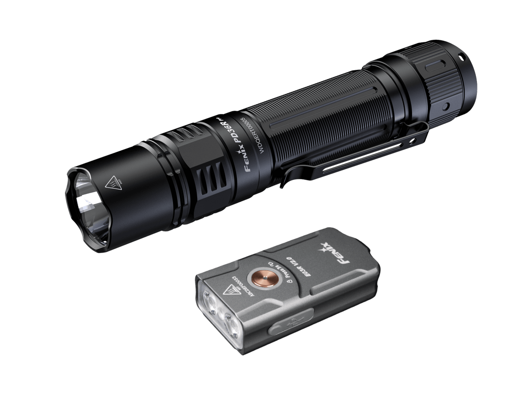 Black Fenix PD36R Pro flashlight with an E03R V2 on a black background
