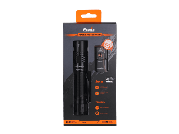 Fenix flashlight packaging with product and branding on a black background