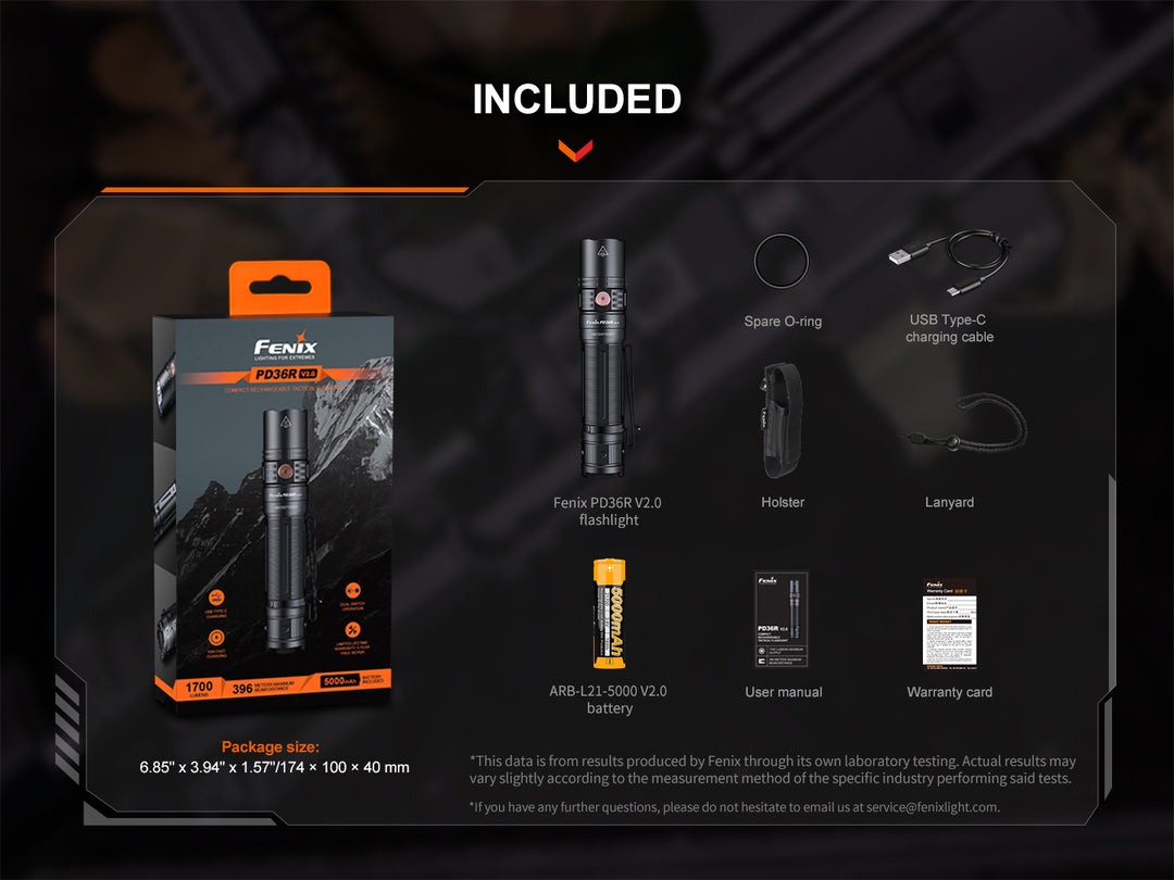 Fenix PD36R V2 compact tactical flashlight in packaging with included accessories