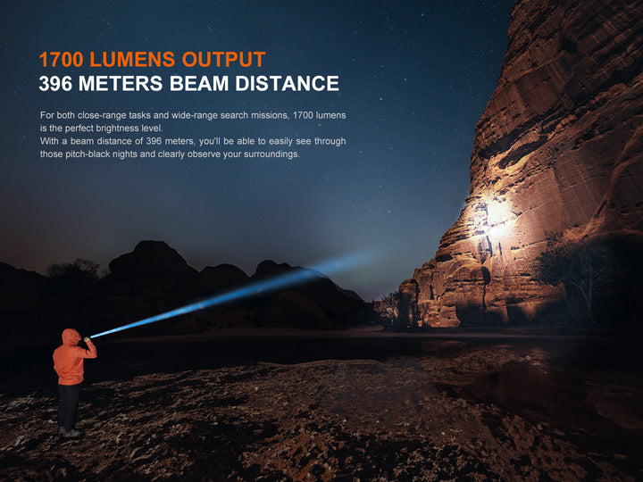 Fenix PD36R V2 compact tactical flashlight lighting up a cliff face from far away
