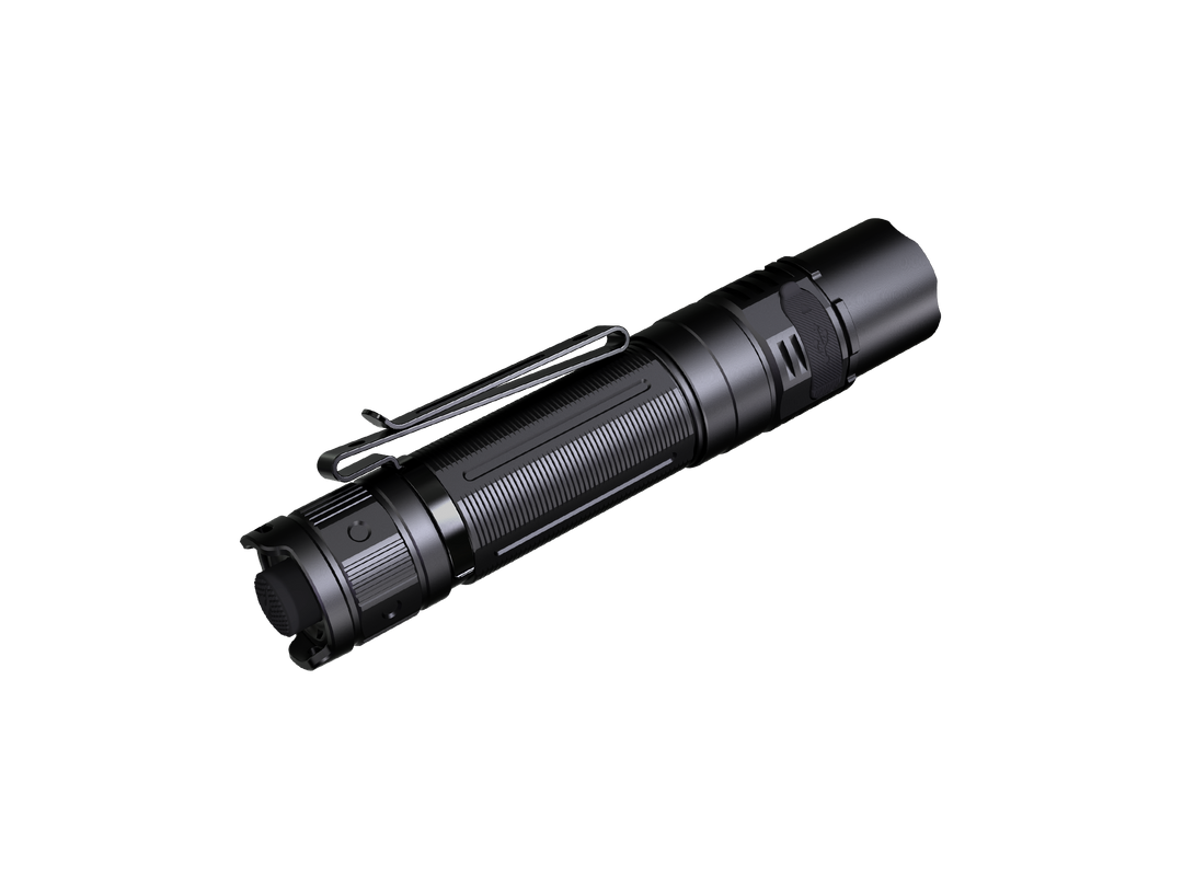 Fenix PD36R V2 compact tactical flashlight viewed from below