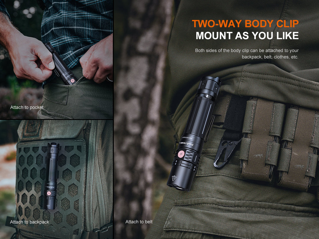 Several photos showing the different clip options for the Fenix PD36R V2 compact tactical flashlight 