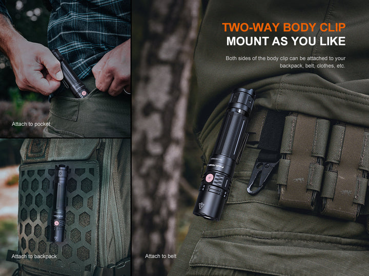 Several photos showing the different clip options for the Fenix PD36R V2 compact tactical flashlight 