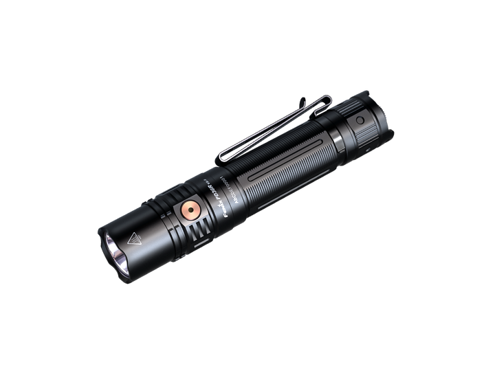 A black Fenix PD36R V2 compact rechargeable tactical flashlight with a powerful LED light source.