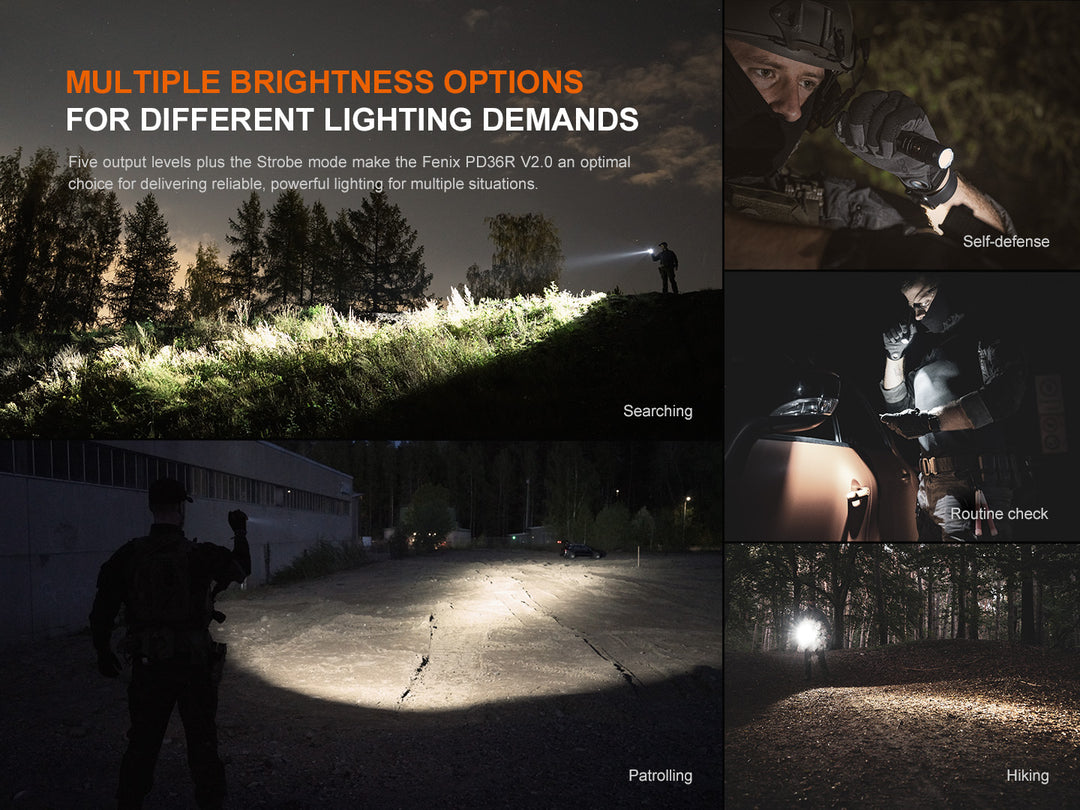 Several photos showing the Fenix PD36R V2 compact tactical flashlight used in a variety of scenarios