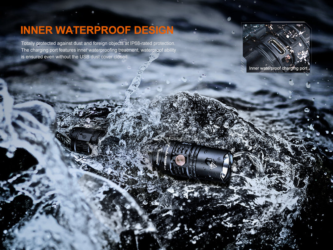 Fenix PD36R V2 compact tactical flashlight under water