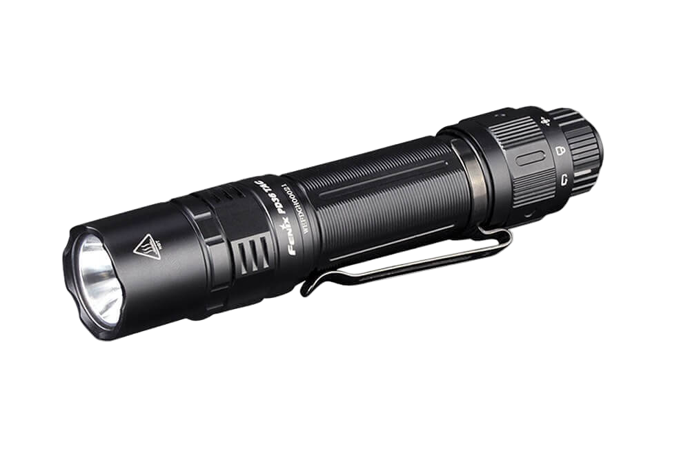 Black Fenix PD36 TAC Tactical Flashlight on a white background