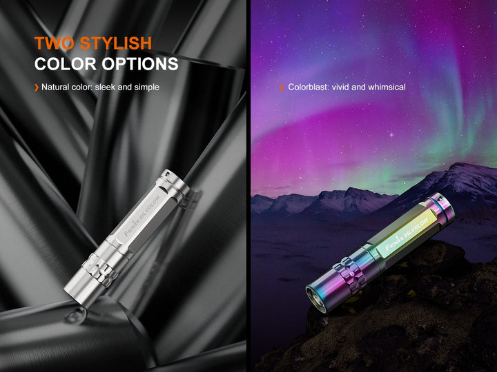 Two photos showing the color options for the Fenix SilvGlow Keychain Light 