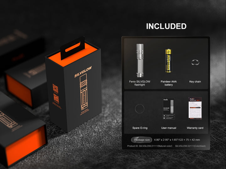 Fenix SilvGlow Keychain Light in packaging with included accessories