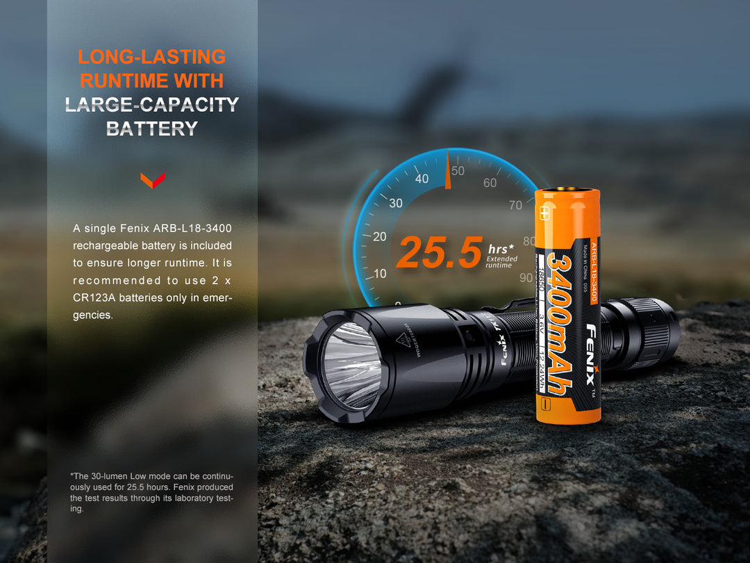 Fenix TK11R compact tactical flashlight with battery on stone