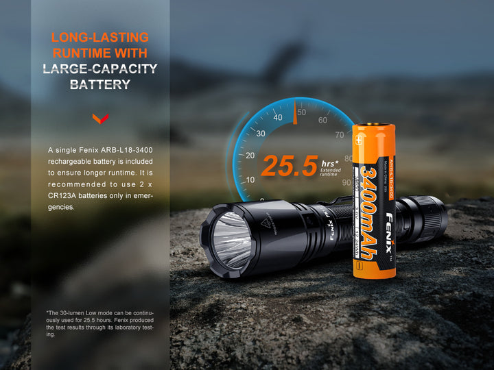 Fenix TK11R compact tactical flashlight with battery on stone