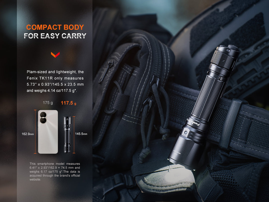 Fenix TK11R compact tactical flashlight clipped to a duty belt