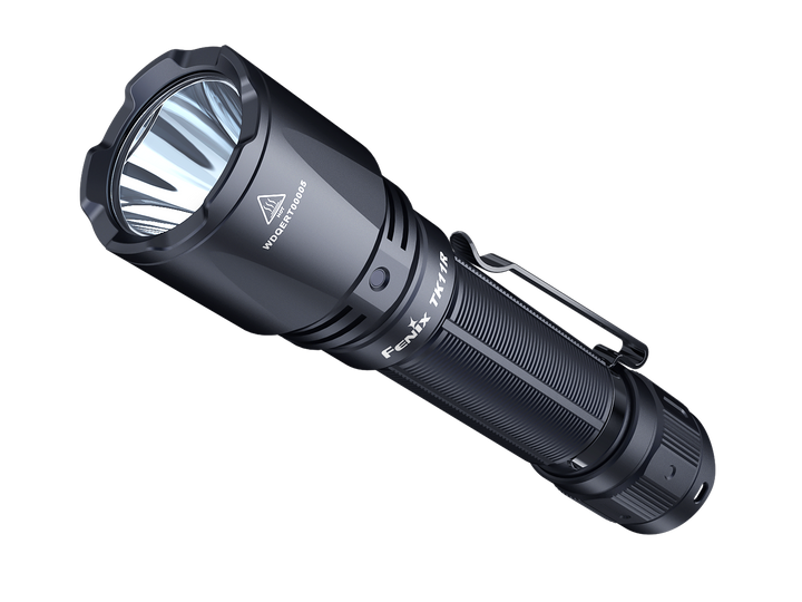 Fenix TK11R compact tactical flashlight viewed from the front