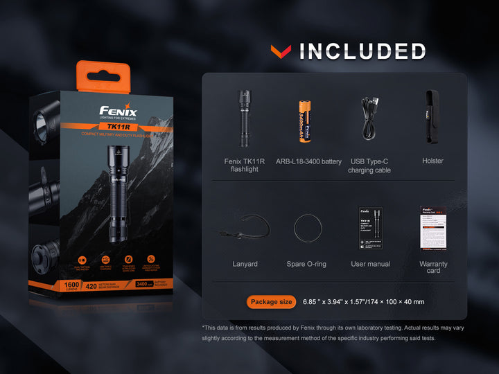 Fenix TK11R compact tactical flashlight in packaging with included accessories