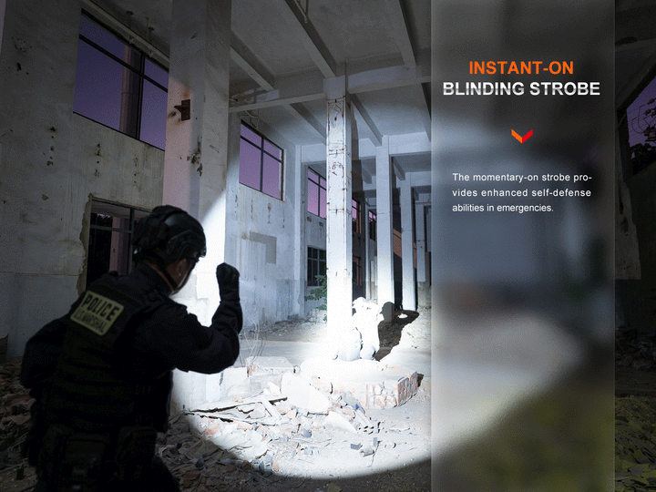 Fenix TK11R compact tactical flashlight's strobe mode used to blind an attacker