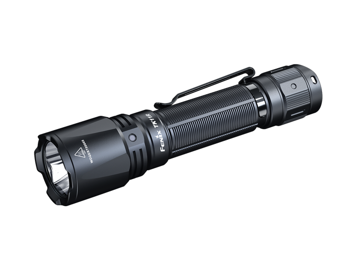 A black Fenix TK11R compact tactical flashlight with dual tail switch, USB Type-C charging port, and LED lights on a white background.