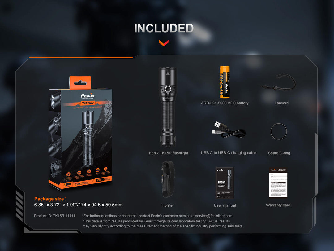 Product packaging with Fenix TK15R adaptive flashlight and accessories on a dark background