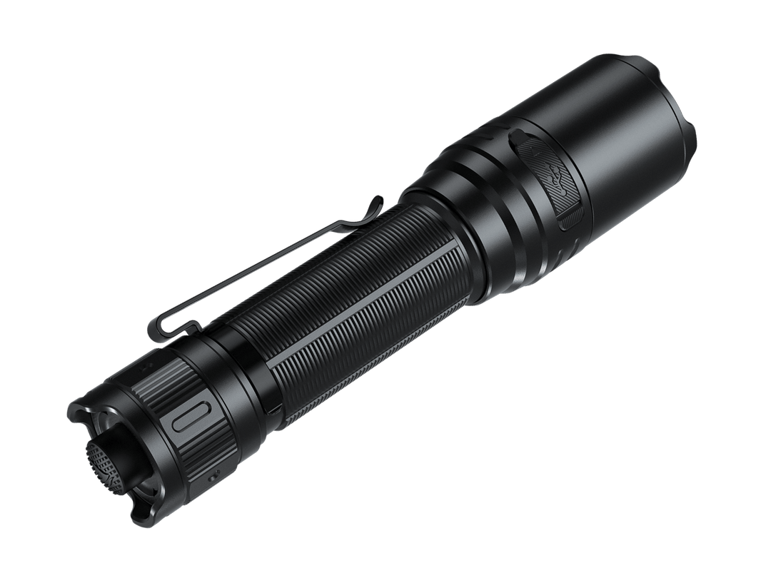 Black Fenix TK15R adaptive flashlight on a transparent background