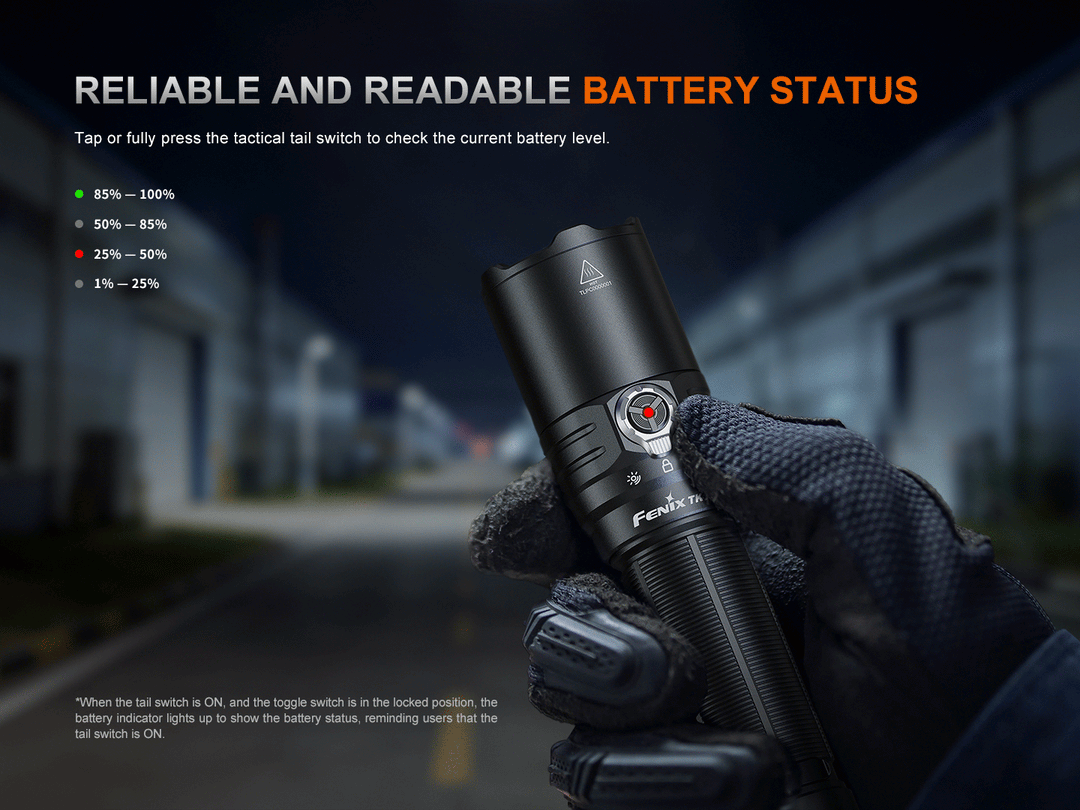 A GIF showing the battery level indicator of the Fenix TK15R adaptive flashlight 