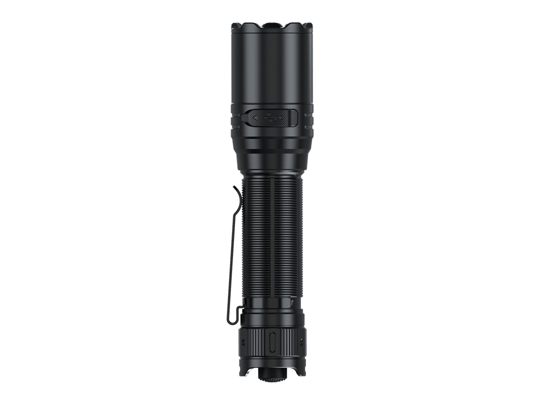 Black Fenix TK15R adaptive flashlight on a white background