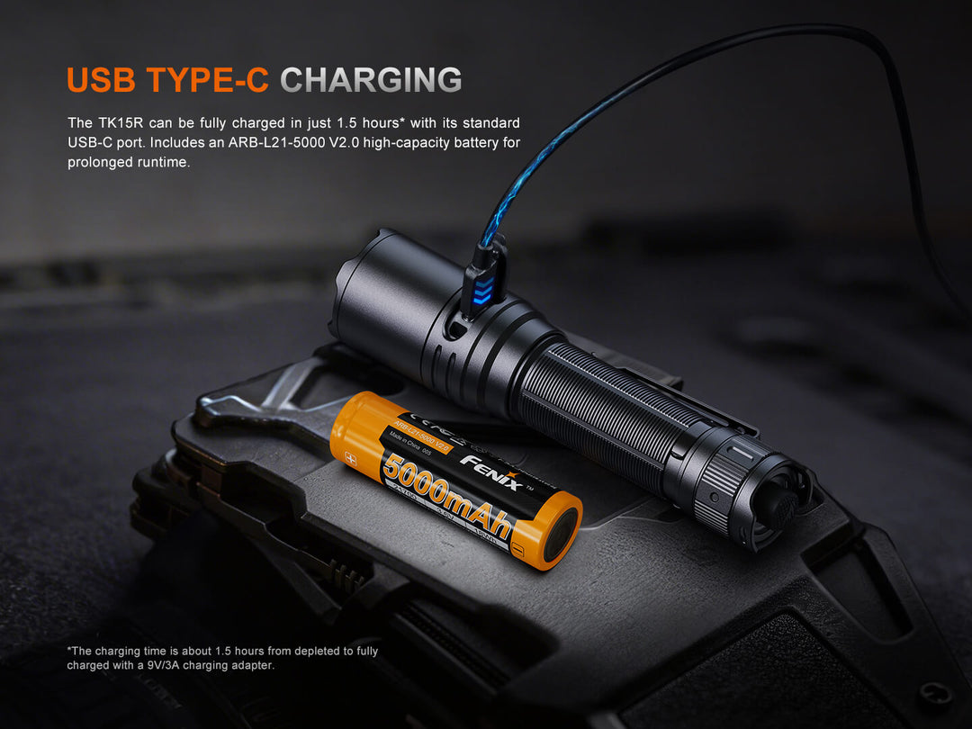 Fenix TK15R adaptive flashlight with USB Type-C charging cable and battery on a dark background