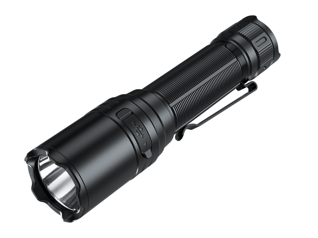 Black Fenix TK15R adaptive flashlight on a transparent background