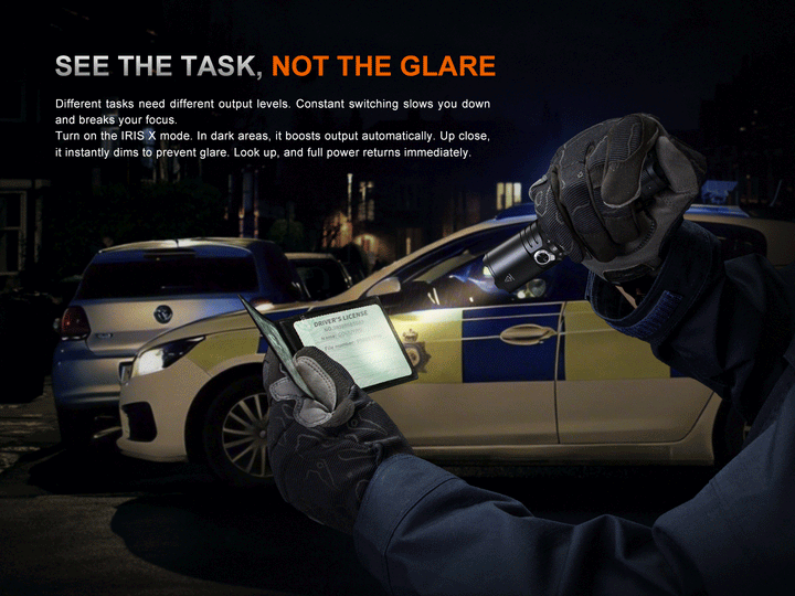 A GIF showing the dimming of the Fenix TK15R adaptive flashlight 