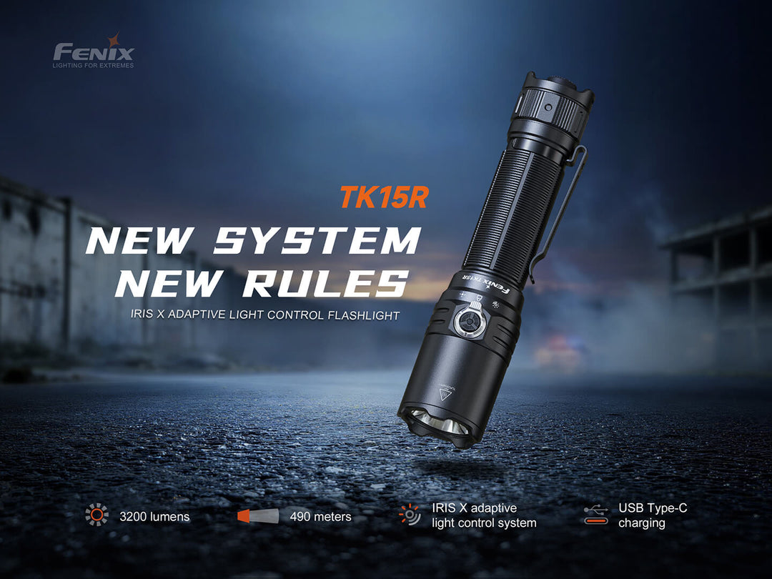 Fenix TK15R flashlight with text on a dark background