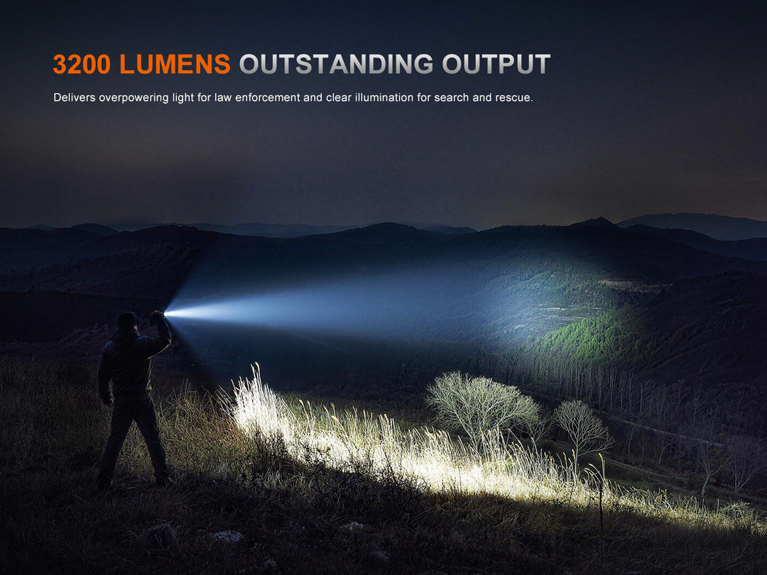 Person using a Fenix TK15R adaptive flashlight in a dark landscape with text highlighting 3200 lumens output.