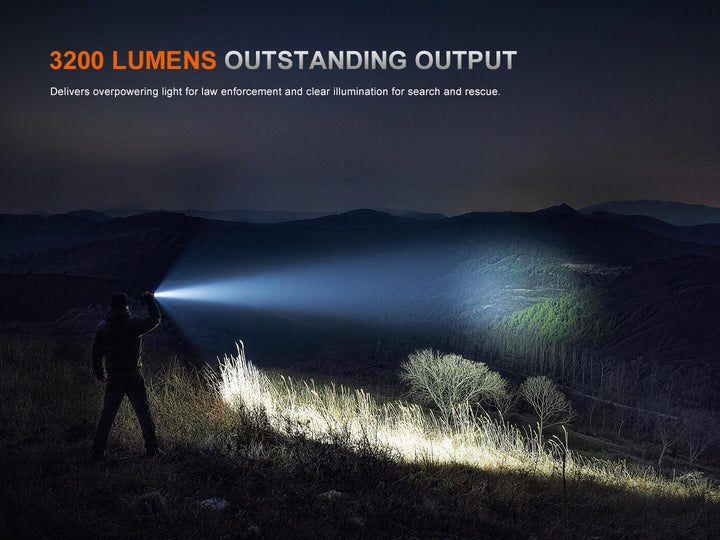 Person using a Fenix TK15R adaptive flashlight in a dark landscape with text highlighting 3200 lumens output.