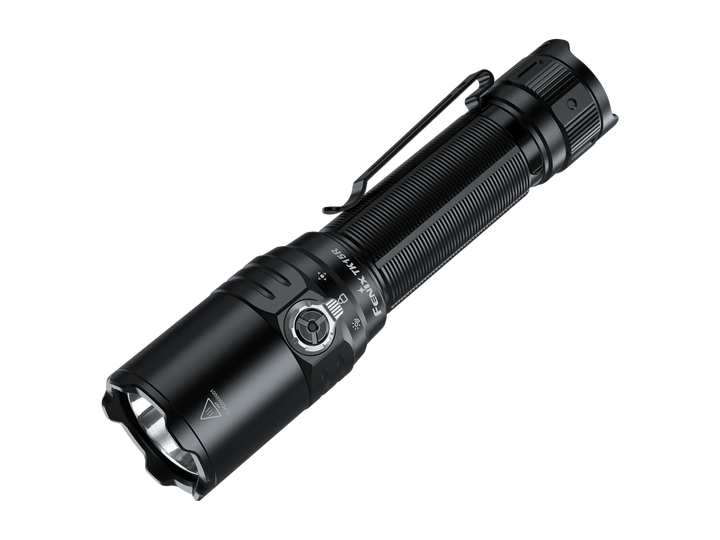 Black Fenix TK15R adaptive flashlight on a black background